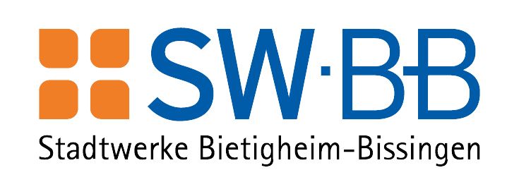 SW-BB Logo der Stadtwerke Bietigheim-Bissingen mit blauem Schriftzug und orangenen grafischen Elementen auf hellem Hintergrund