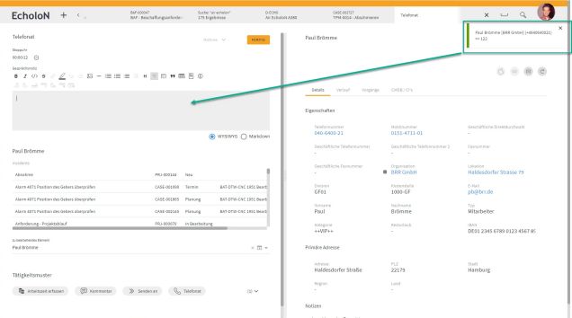 Benutzeroberfläche der EcholoN Software von mIT solutions mit Ticketansicht, Kontaktdaten und Bearbeitungsfunktionen zur strukturierten Steuerung von Serviceanfragen