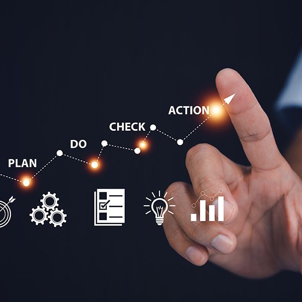 Hand zeigt auf eine Prozesskette mit den Schritten Plan, Do, Check, Act als Symbol für kontinuierliche Verbesserung und strukturiertes Prozessmanagement