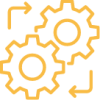 Icon mit zwei ineinandergreifenden Zahnrädern und Pfeilen als Symbol für automatisierte Abläufe, Prozessoptimierung und kontinuierliche Workflows