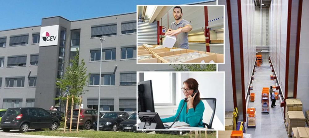 Gebäude der GEV mit Einblicken in Lagerlogistik, Kommissionierung und Büroarbeit als Darstellung vernetzter Geschäftsprozesse und Unternehmensabläufe