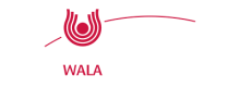 WALA Logo mit rotem grafischen Symbol und Schriftzug auf dunklem Hintergrund